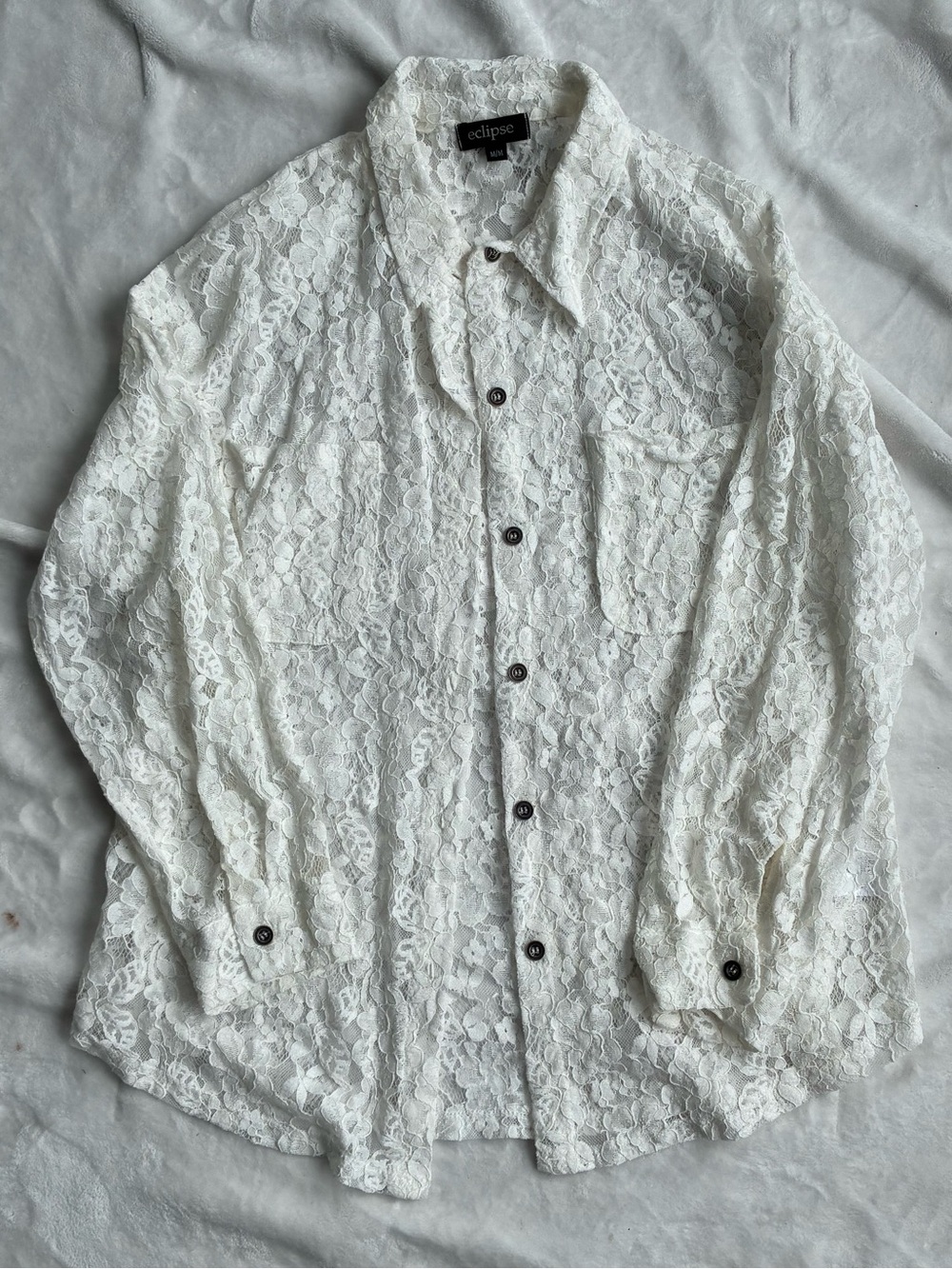 Eclipse White Lace Button-Up Blouse Medium | Sheer Floral Lace Shirt Boho Chic